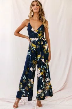 Selfie Leslie Carrie High Slit Cami Jumpsuit Navy