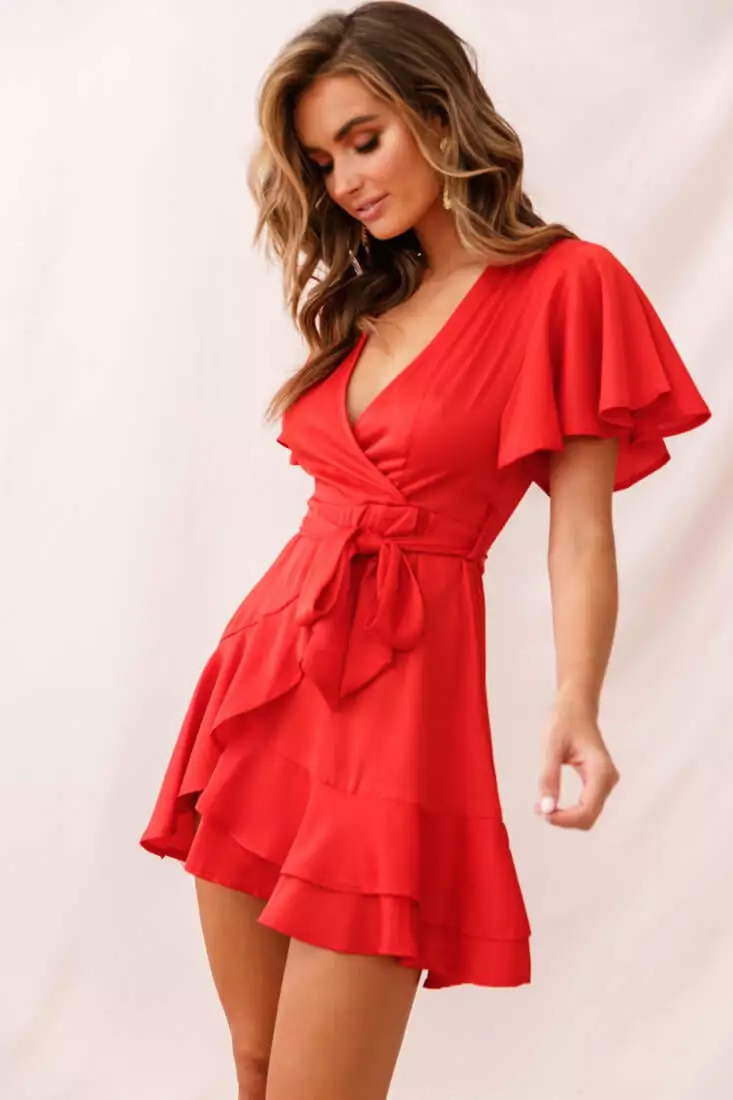 Selfie Leslie Cami Angel Sleeve Faux Wrap Dress Red - Image 5