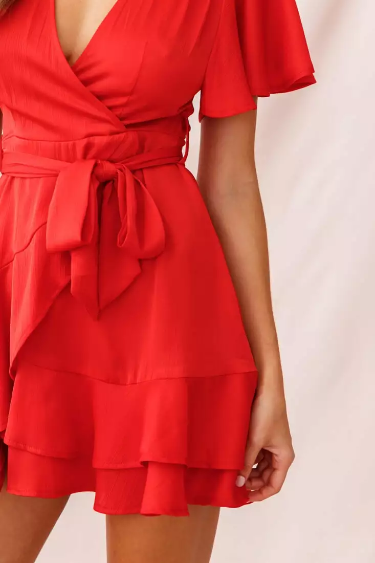 Selfie Leslie Cami Angel Sleeve Faux Wrap Dress Red - Image 10