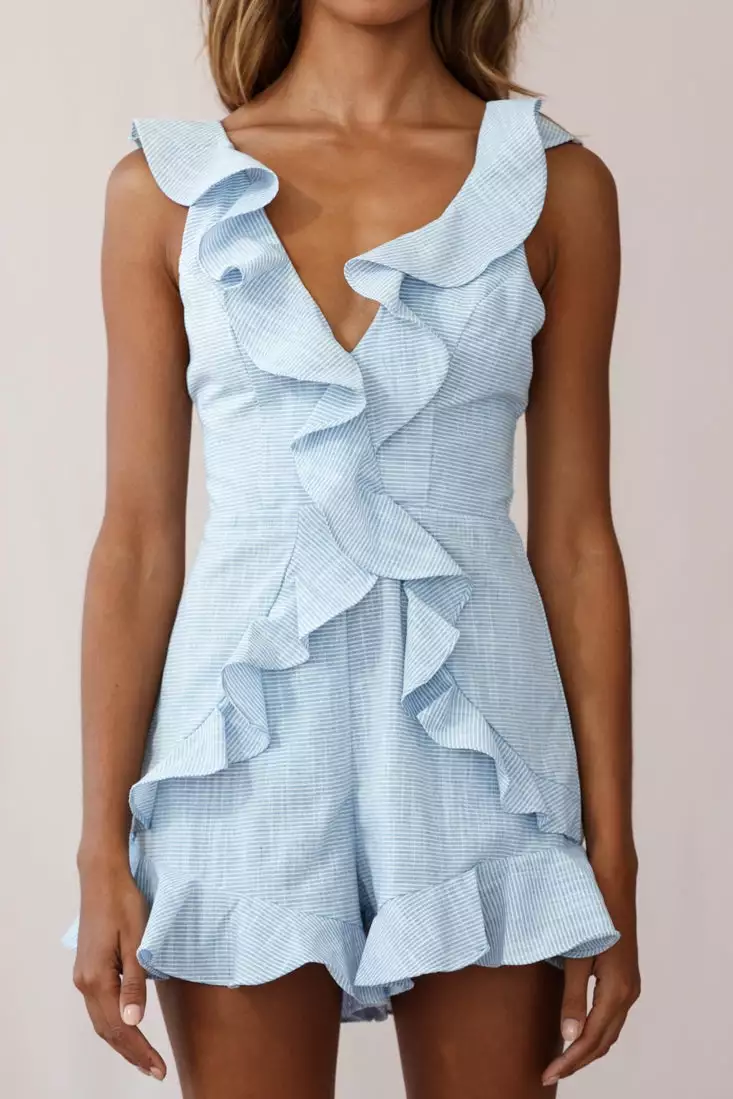 Selfie Leslie Jojo Thin Stripe Ruffle Strap Romper Blue - Image 5