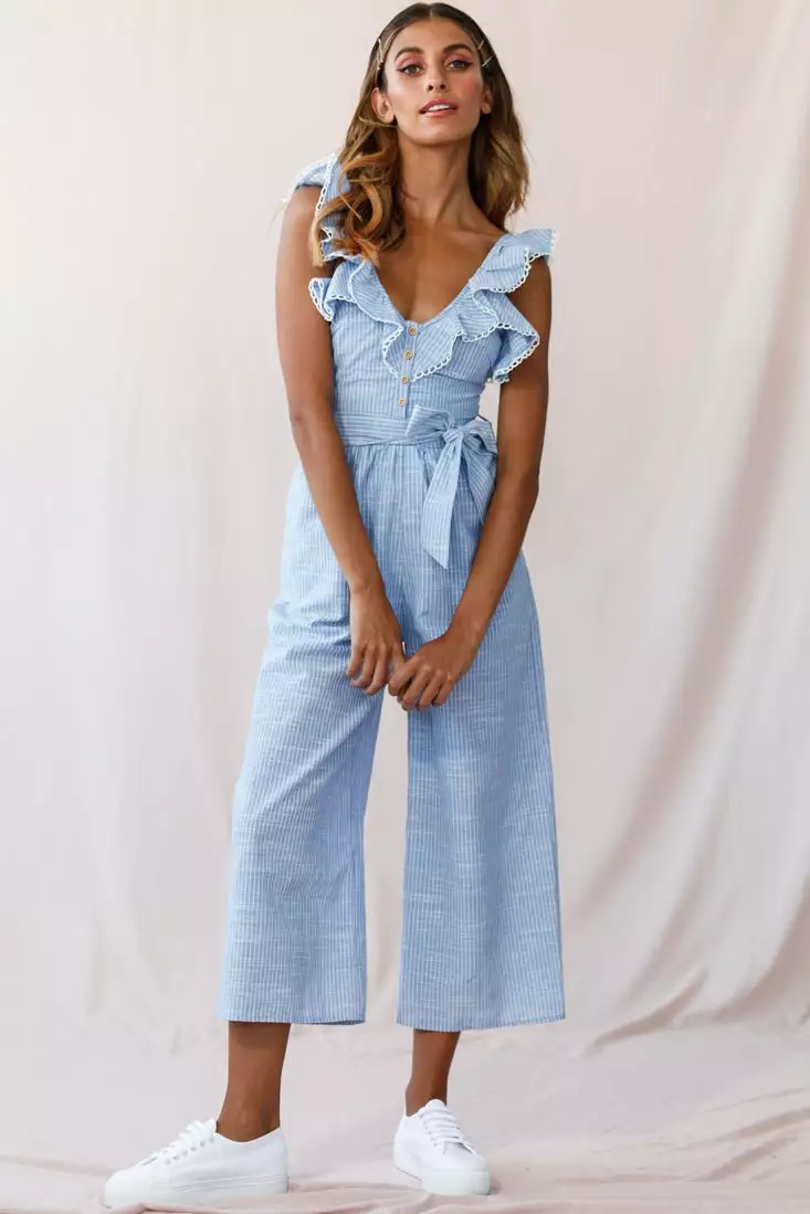 Selfie Leslie Danube Belted Waist Pinstripe Jumpsuit Blue - Image 6