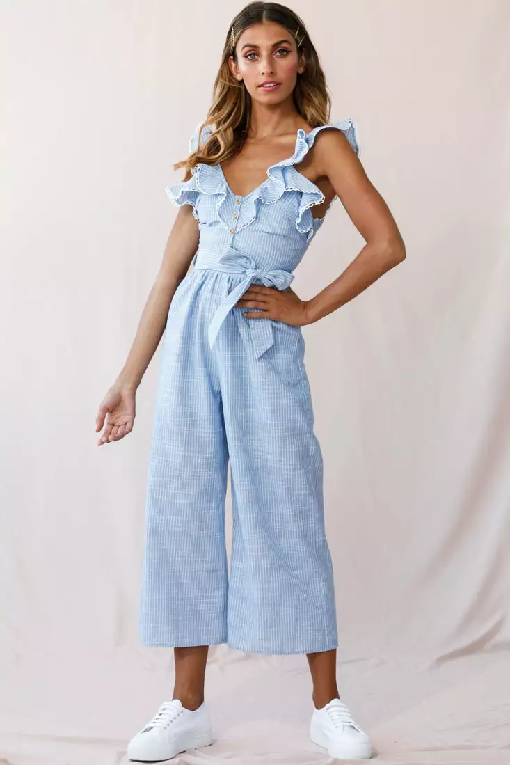 Selfie Leslie Danube Belted Waist Pinstripe Jumpsuit Blue - Image 7