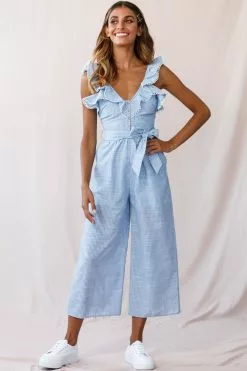 Selfie Leslie Danube Belted Waist Pinstripe Jumpsuit Blue
