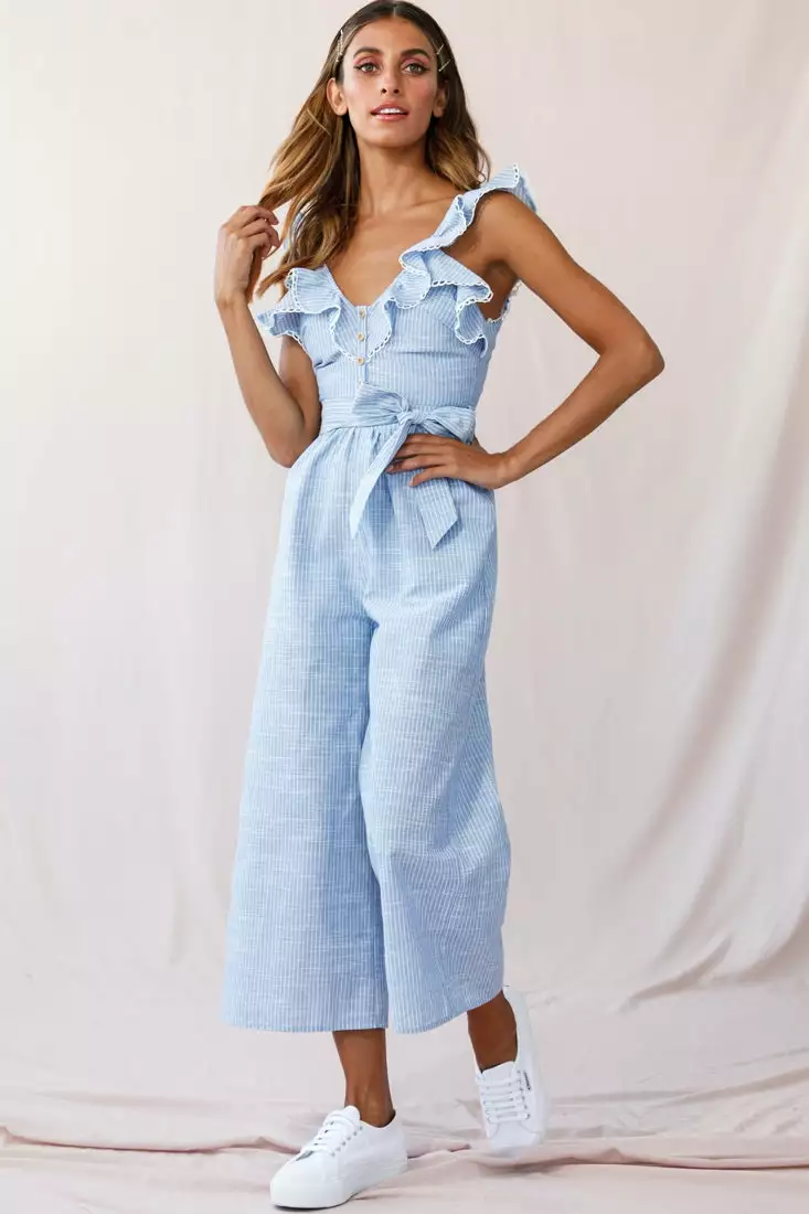 Selfie Leslie Danube Belted Waist Pinstripe Jumpsuit Blue - Image 5
