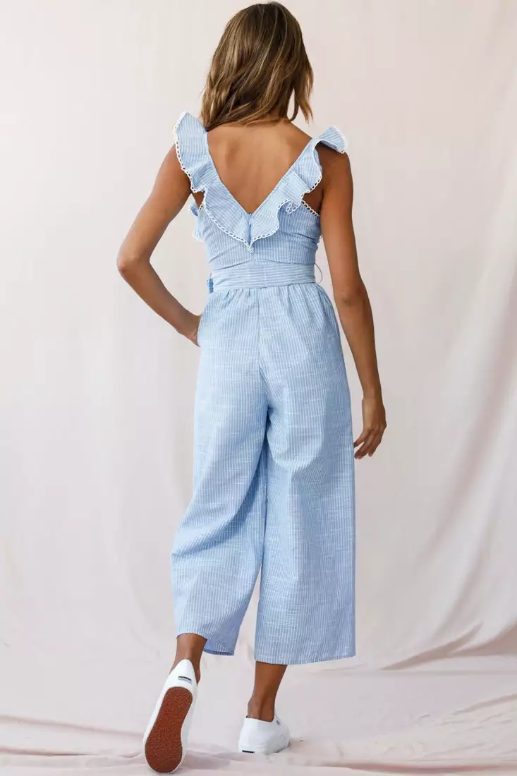 Selfie Leslie Danube Belted Waist Pinstripe Jumpsuit Blue - Image 3