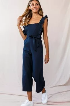 Selfie Leslie Serenade Ruffle Strap Pinafore Jumpsuit Navy