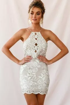 Selfie Leslie Havilah Halterneck Embroidery Dress Gold