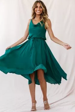 Selfie Leslie Ava Cowl Neck Drawstring Midi Dress Forest Green