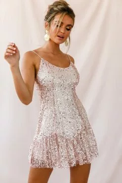 Selfie Leslie Shine Spaghetti Strap Sequin Mini Dress Rose Gold