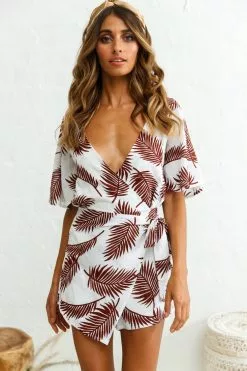 Selfie Leslie Nadi V-Neckline Wrap Romper Palm Print Wine