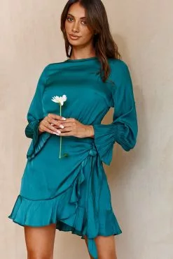 Selfie Leslie Darla Long Sleeve Satin Dress Forest Green