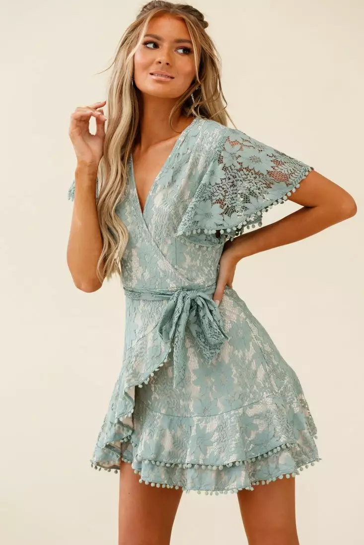 Selfie Leslie Cami Angel Sleeve Faux Wrap Dress Sage With Beige Lining - Image 5