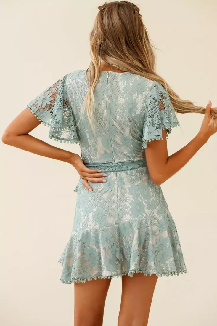 Selfie Leslie Cami Angel Sleeve Faux Wrap Dress Sage With Beige Lining - Image 3