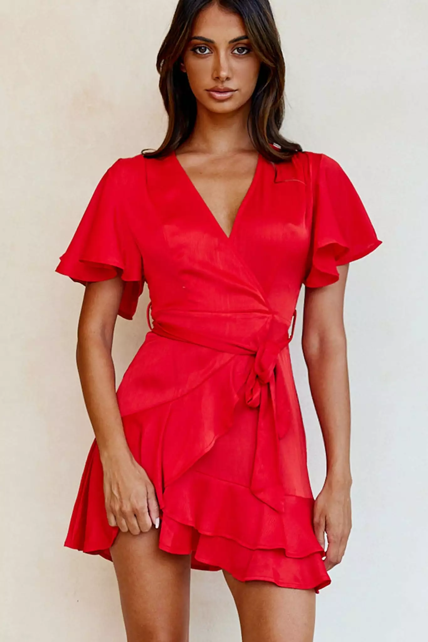 Selfie Leslie Cami Angel Sleeve Faux Wrap Dress Red - Image 4