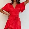 Selfie Leslie Cami Angel Sleeve Faux Wrap Dress Red