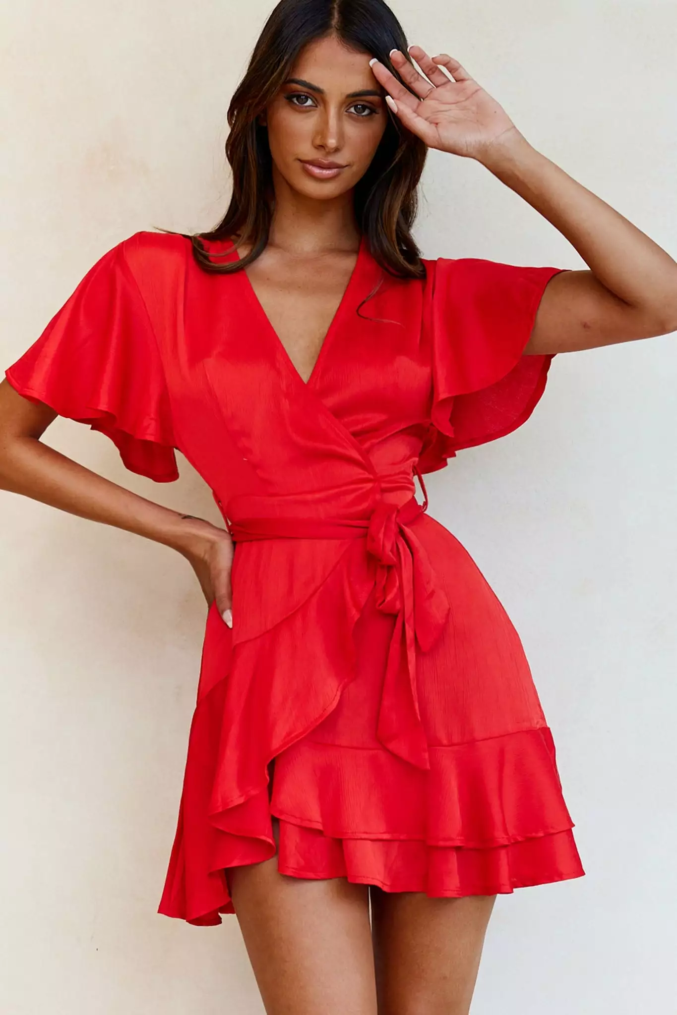 Selfie Leslie Cami Angel Sleeve Faux Wrap Dress Red - Image 7