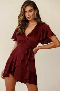 Selfie Leslie Cami Angel Sleeve Faux Wrap Dress Wine