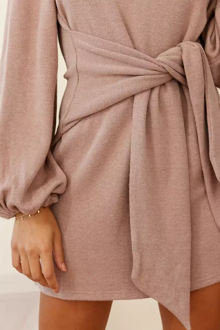 Selfie Leslie Rapt Waist Tie Knit Dress Mocha - Image 7