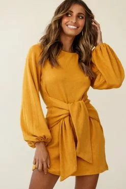 Selfie Leslie Rapt Waist Tie Knit Dress Mustard