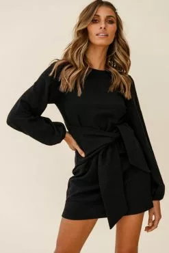 Selfie Leslie Rapt Waist Tie Bishop Sleeve Knit Dress Black