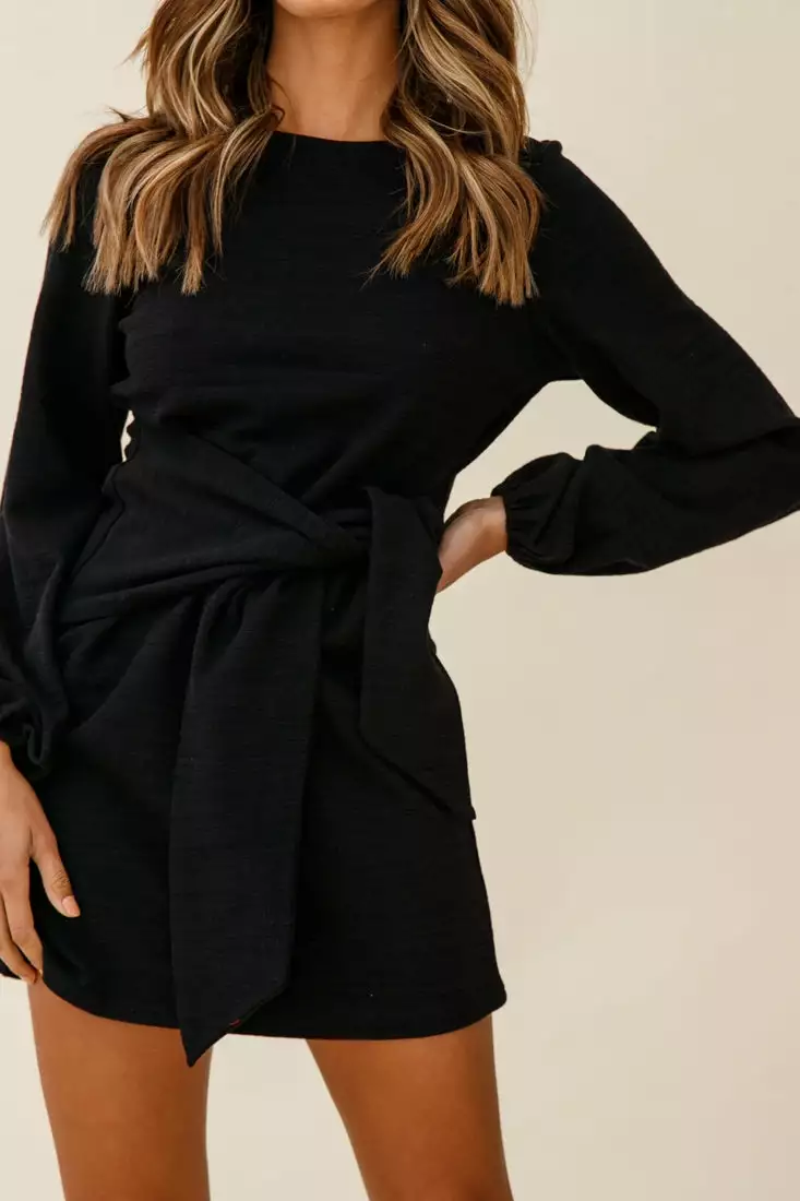 Selfie Leslie Rapt Waist Tie Bishop Sleeve Knit Dress Black - Image 4