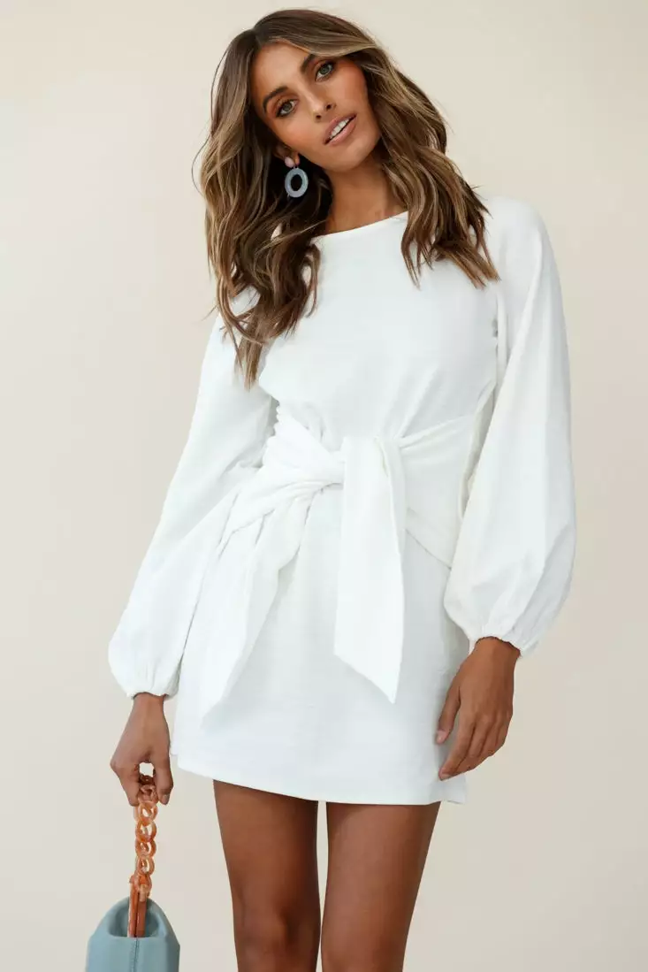 Selfie Leslie Rapt Waist Tie Balloon Sleeve Knit Dress White - Image 7