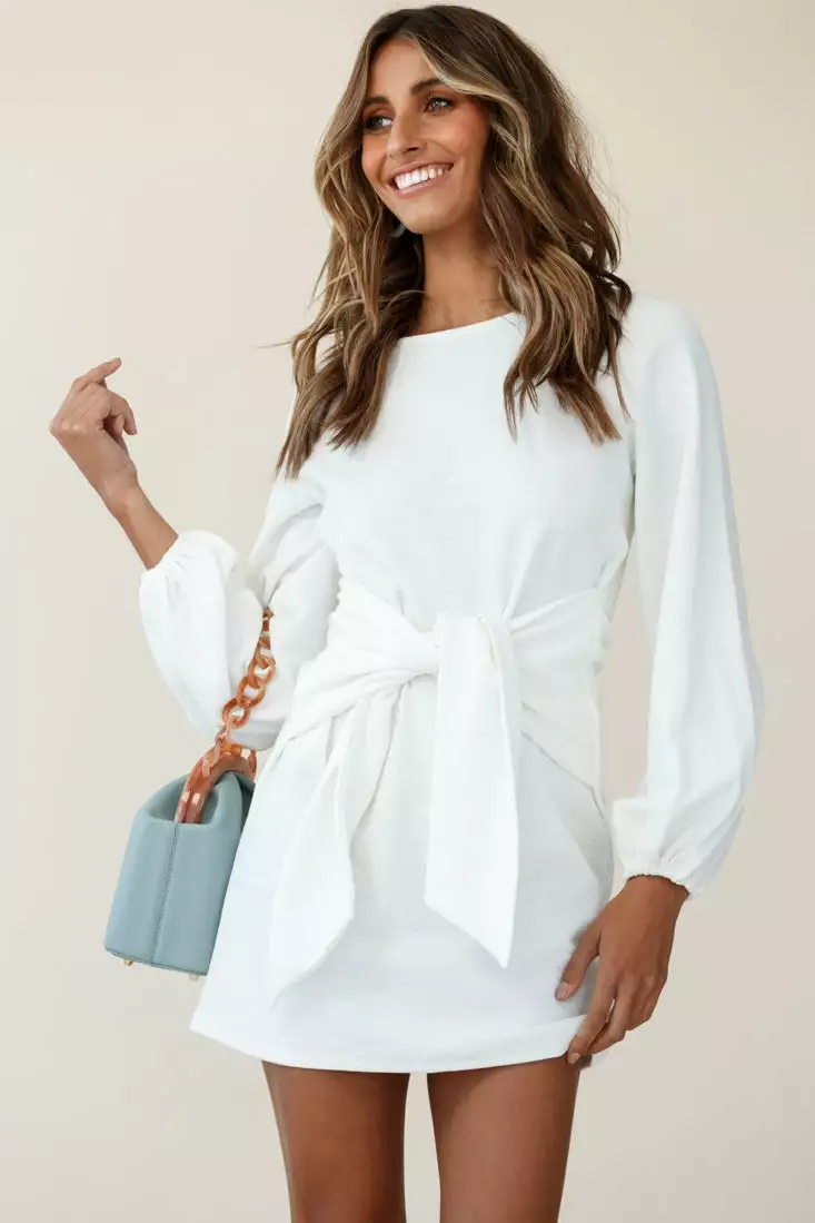 Selfie Leslie Rapt Waist Tie Balloon Sleeve Knit Dress White - Image 5