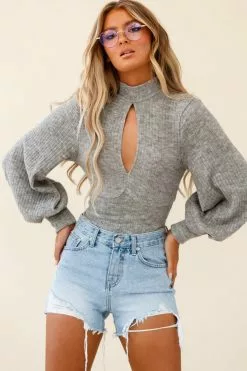 Selfie Leslie Prove It Keyhole Front Backless Knit Crop Top Grey Marle