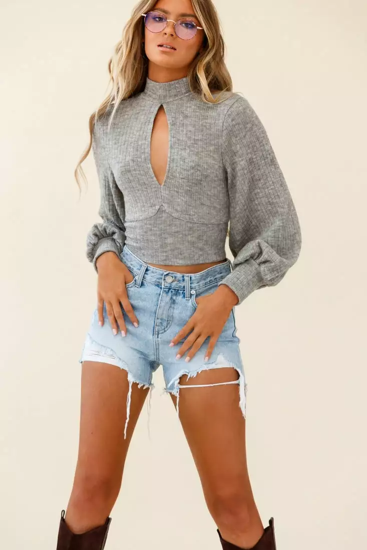 Selfie Leslie Prove It Keyhole Front Backless Knit Crop Top Grey Marle - Image 7