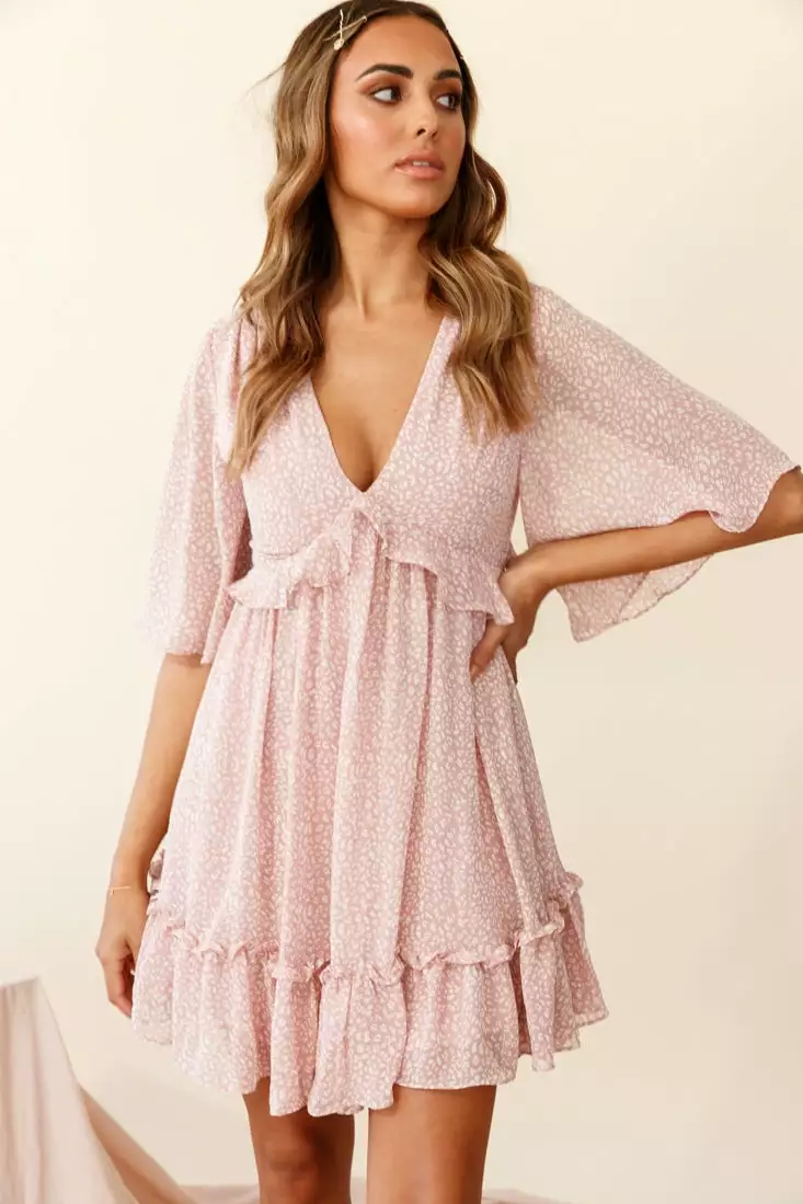 Selfie Leslie Flissy Angel Sleeve Cut-Out Babydoll Dress Speckle Print Pink