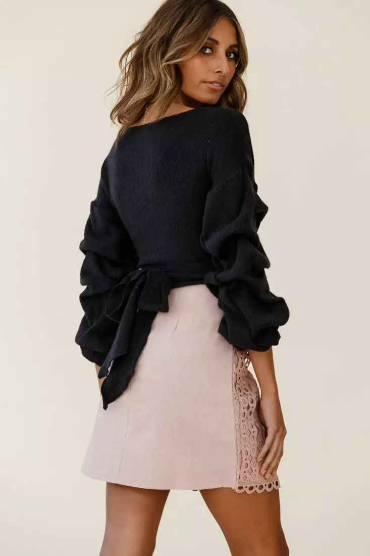 Selfie Leslie Morais Ruched Sleeve Sweater Crop Top Navy - Image 3