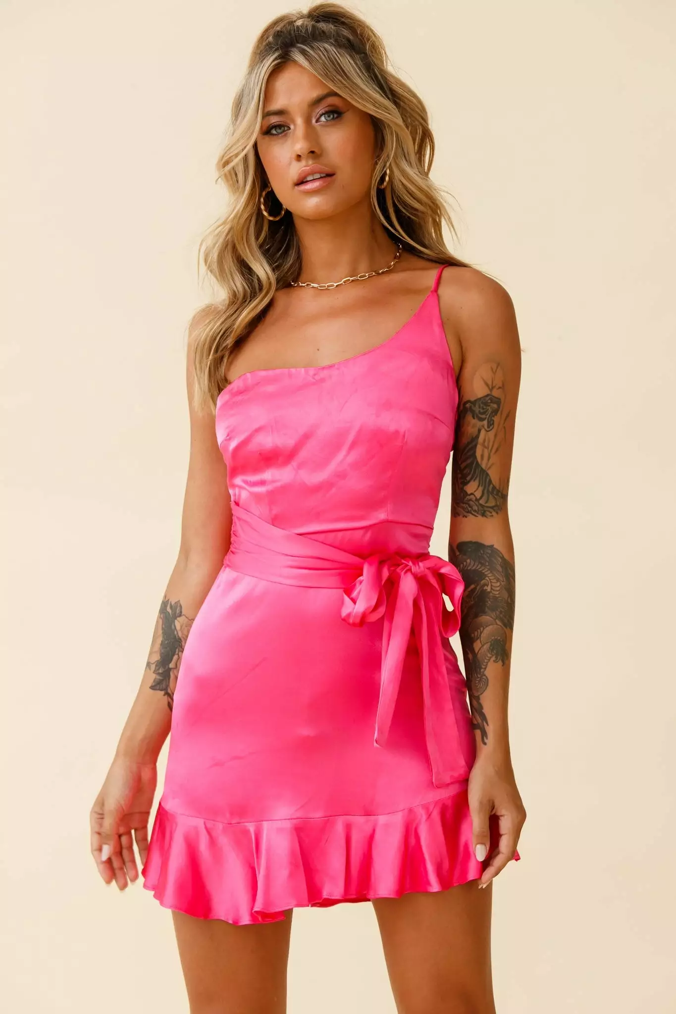 Selfie Leslie Don't Wait Up One Shoulder Waist Tie Dress Hot Pink - Image 5