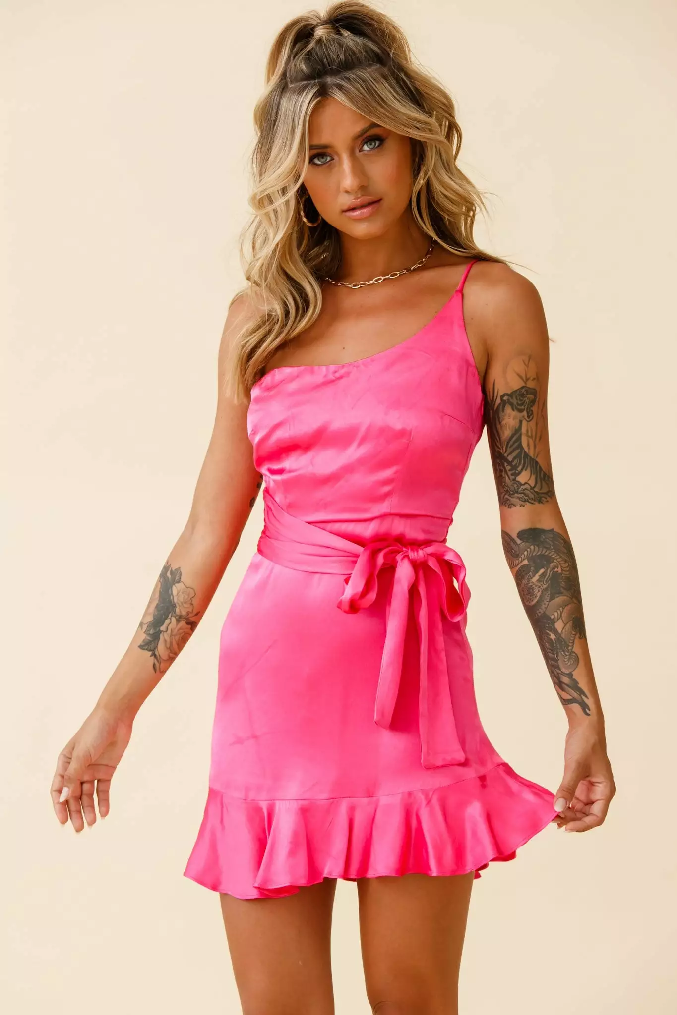 Selfie Leslie Don't Wait Up One Shoulder Waist Tie Dress Hot Pink - Image 8