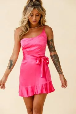 Selfie Leslie Don't Wait Up One Shoulder Waist Tie Dress Hot Pink