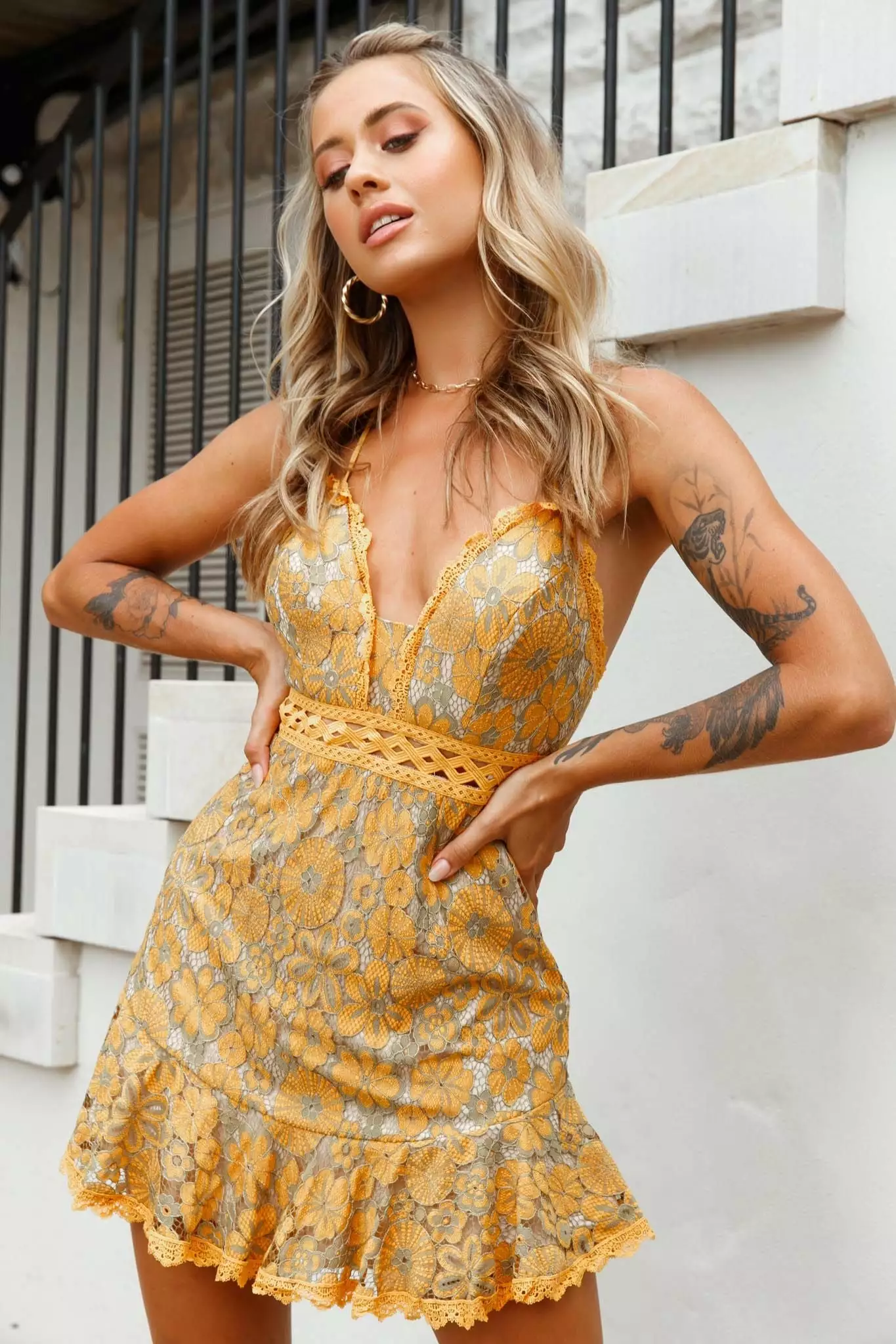 Selfie Leslie Illona Lace Overlay Criss-Cross Back Dress Mustard/Olive - Image 4