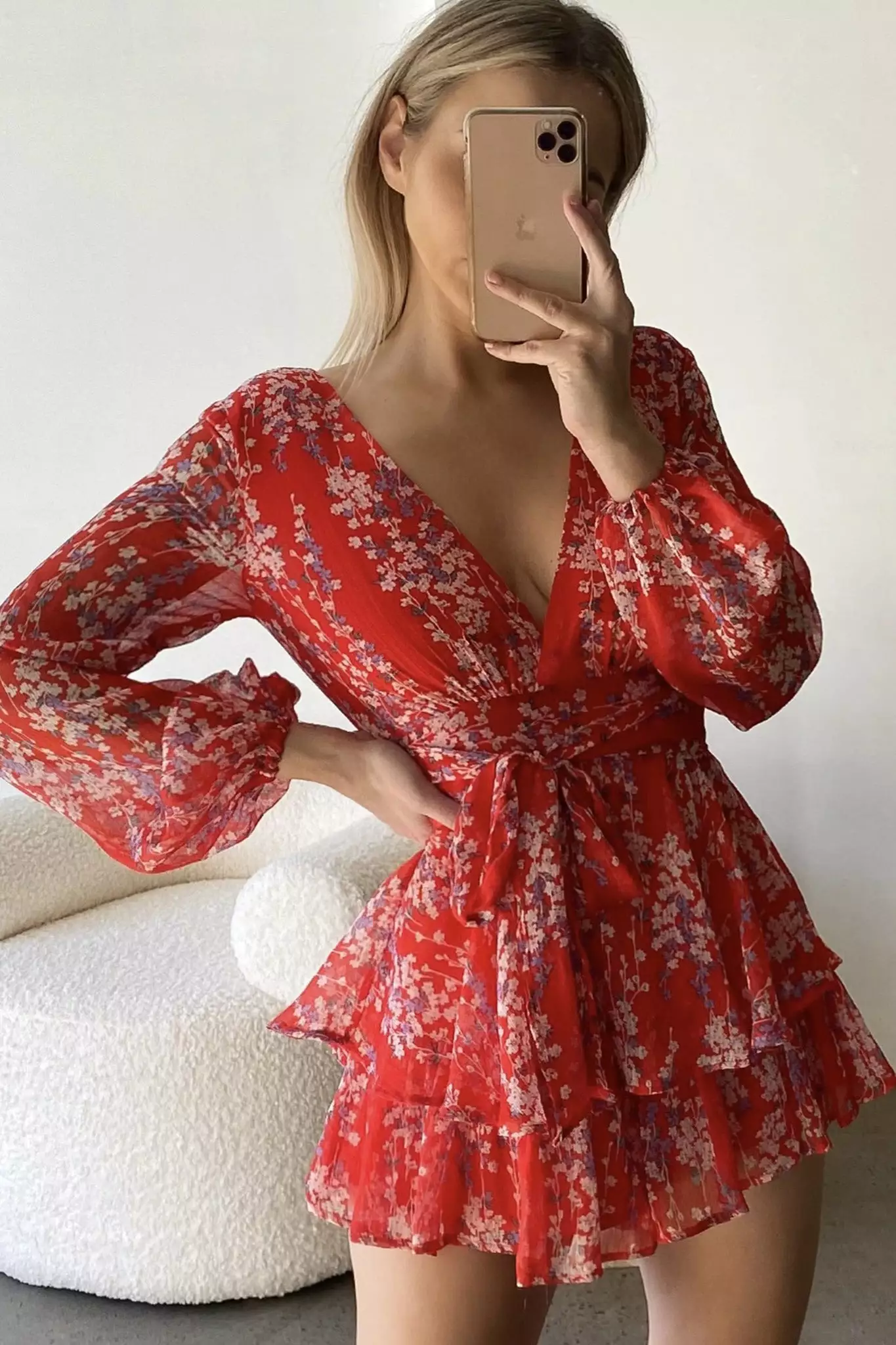 Selfie Leslie Maddox Fit & Flare Long Sleeve Romper Floral Vine Red - Image 5