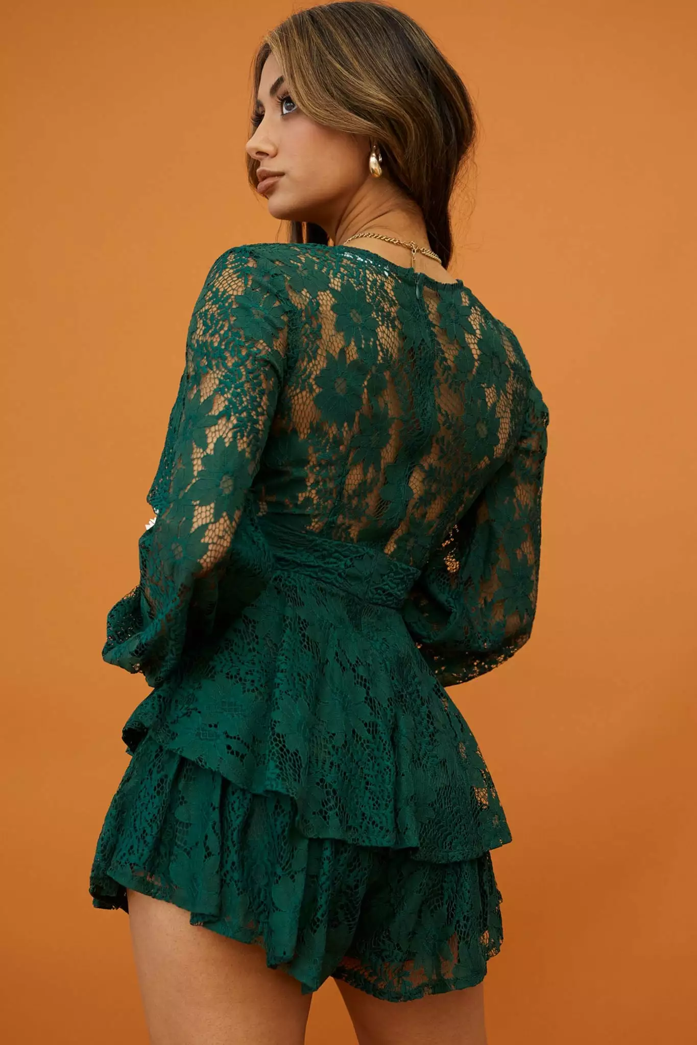 Selfie Leslie Maddox Fit & Flare Long Sleeve Romper Floral Lace Forest Green - Image 6