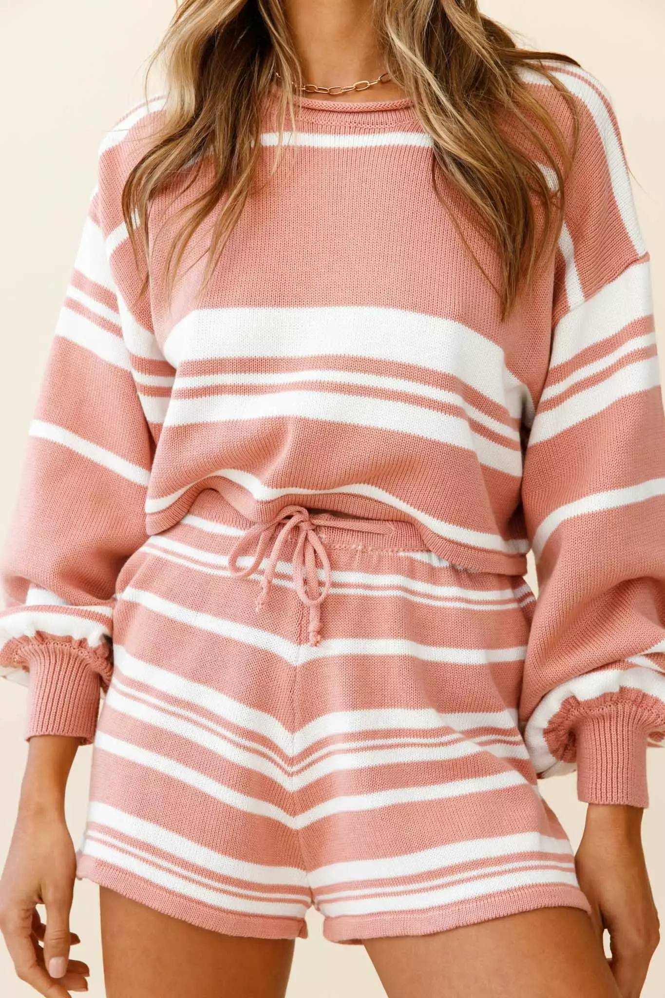 Carlo Long Balloon Sleeve Crop Top Striped Pattern Blush - Image 4