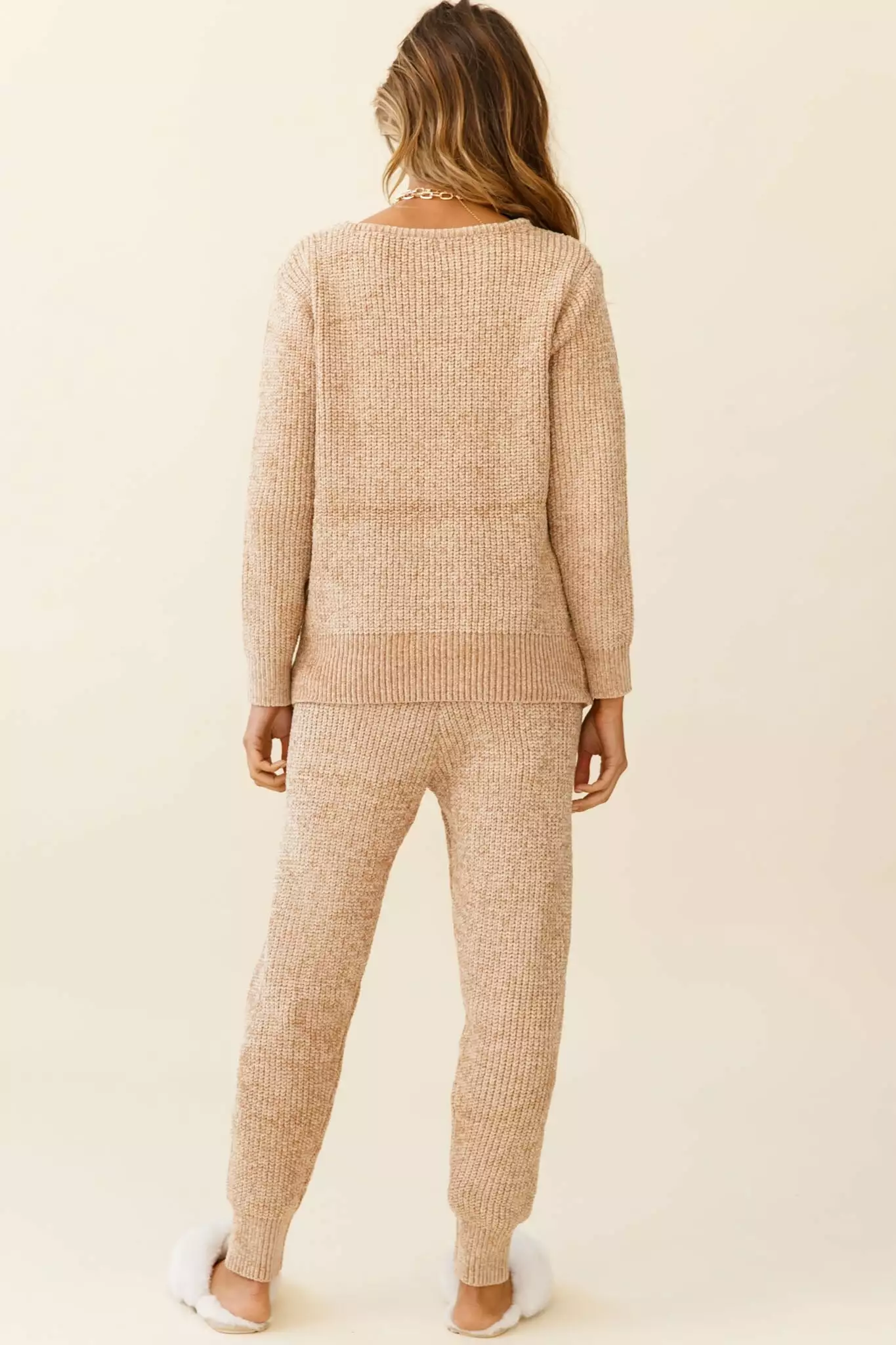 Selfie Leslie Robin Cuffed Hem Drawstring Ribbed Knit Pants Tan - Image 3