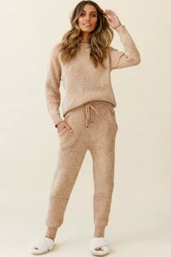 Selfie Leslie Robin Cuffed Hem Drawstring Ribbed Knit Pants Tan